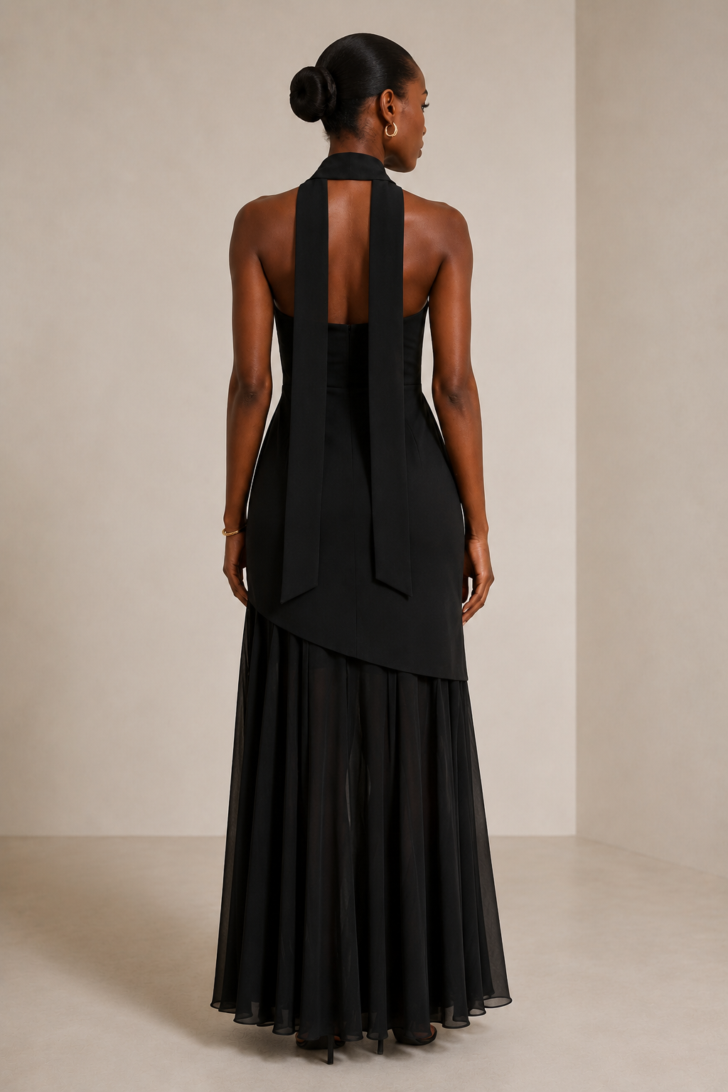 Combo Dress with Neck Scarf - Black