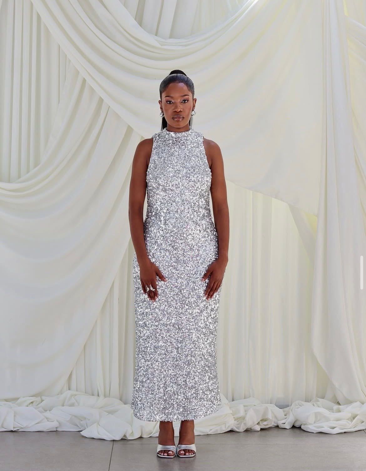Sequin Column Silver Dress