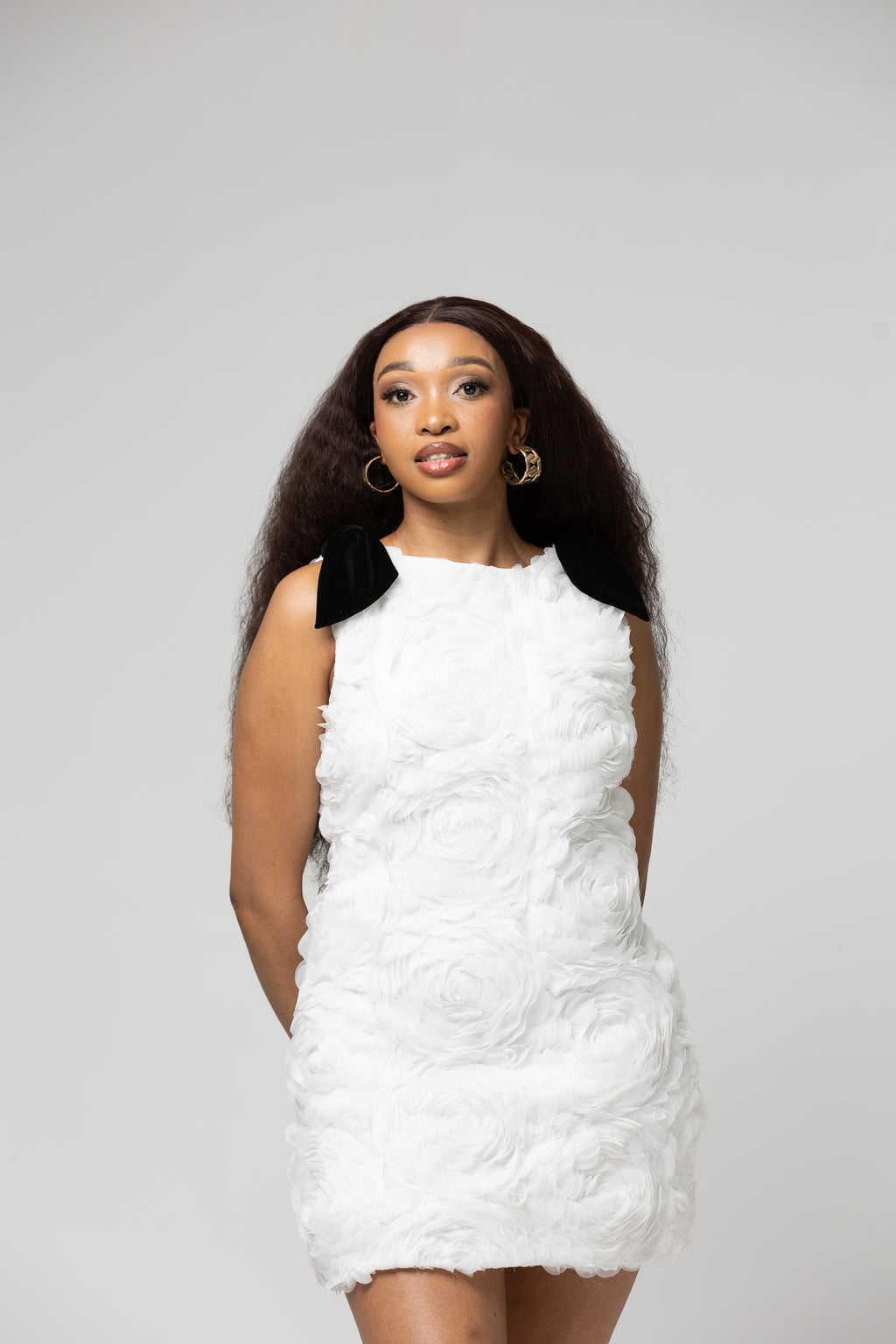 Floral Applique Mini Dress with Bow - White